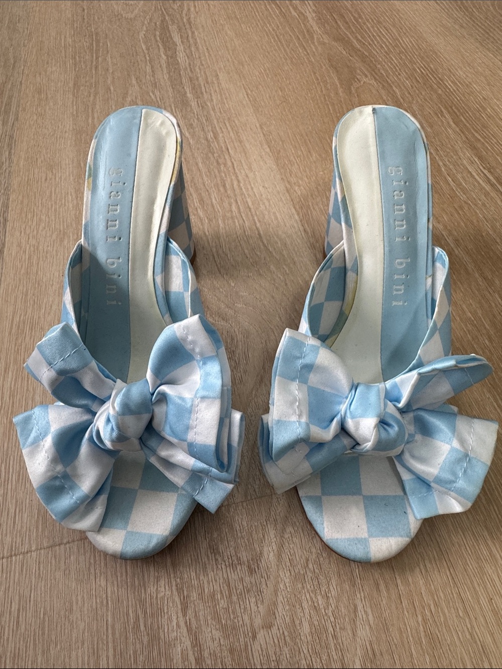Gianni Bini Light Blue & White Check Bow Slide Mules